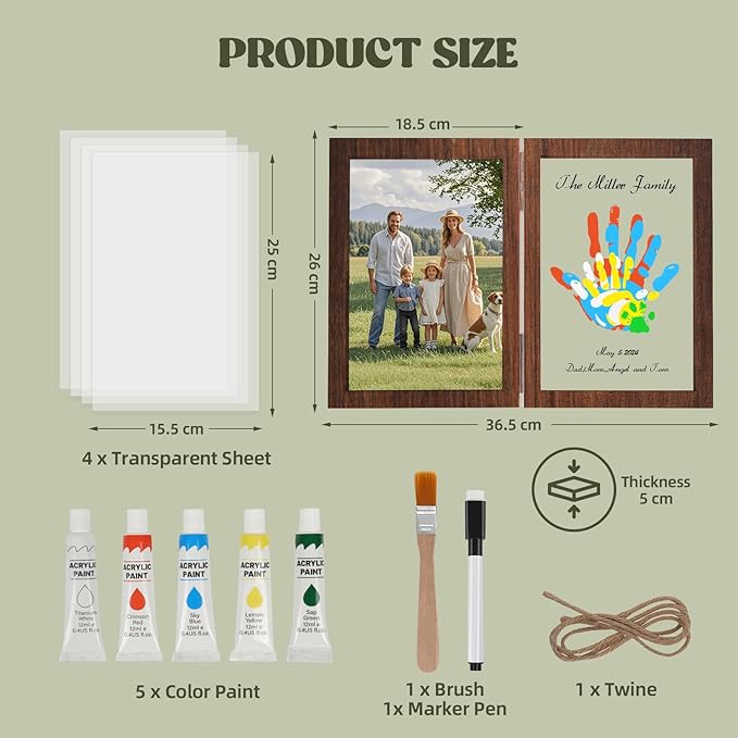 Family Handprint Kit, DIY Baby Hand and Footprint Handmade Keepsake Wooden Frame, Family Gifts with 5 Non-Toxic Baby-Safe Paint, Ideas Gift for New Parents Couple Friends