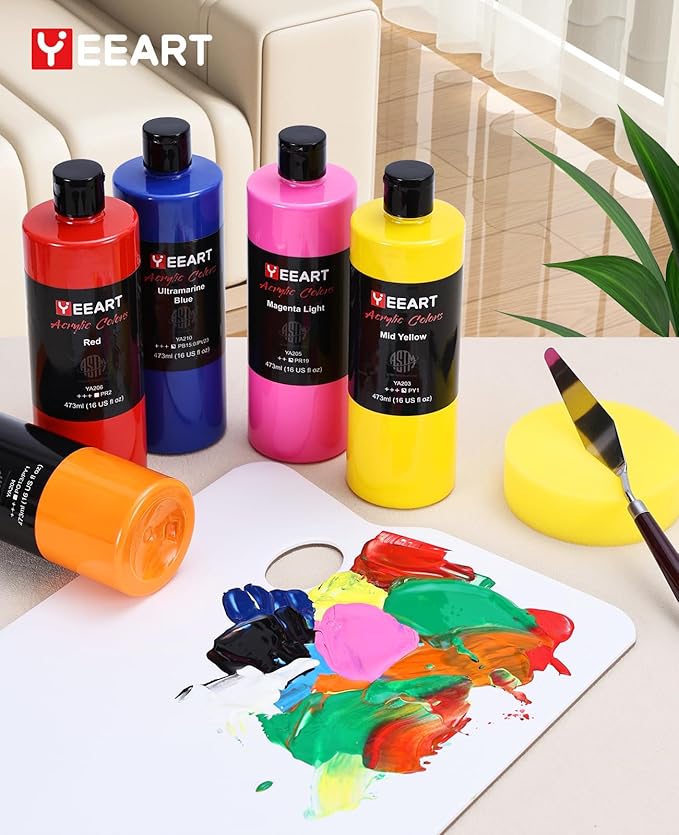 Acrylic Paint Set, 12 Colors Acrylic Paint Large Bottle Set, 16OZ Each, Rich Pigmented Canvas Paint, Premium Non-toxic Paints for Artists, Acrylic Paint Set for Kids & Adults, Art Supplies for Canvas