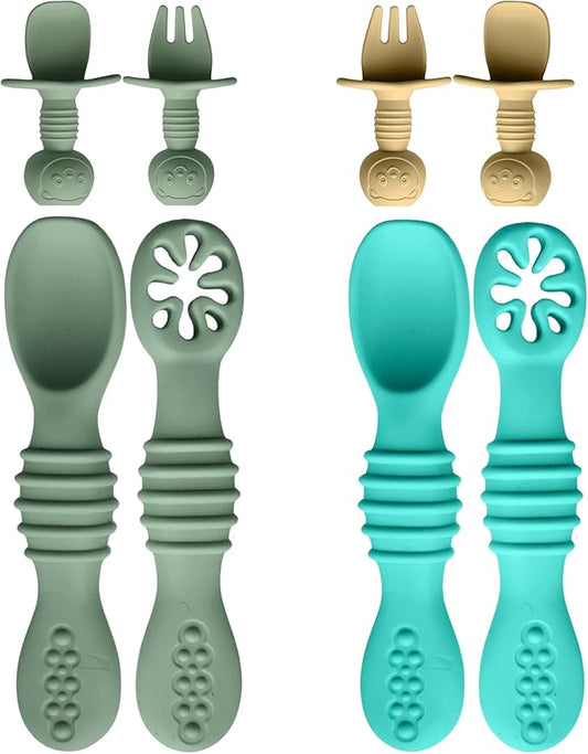 8pc Silicone Baby Spoons & Forks Set – Self Feeding Baby Utensils 6-12 Months – BPA Free, Dishwasher Safe – Toddler Cutlery (Turquoise/Pickle & Green/Yellow)