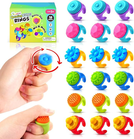 Fidget Rings Sensory Toys for Kids: 18 Pack Fidget Anxiety Spinner Rings- Autism Sensory Toy for Special Needs ADHD- Stress Relief Quiet Fidgets for Classroom- Small Treasure Box Prizes Travel Gifts