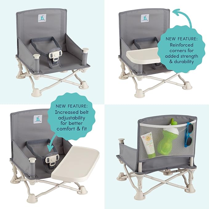 Hiccapop OmniBoost Travel Booster Seat with Tray for Baby, Dining Table, Camping, Beach, Grandma’s | Folding Portable Tip-Free Design Straps to Kitchen Chairs