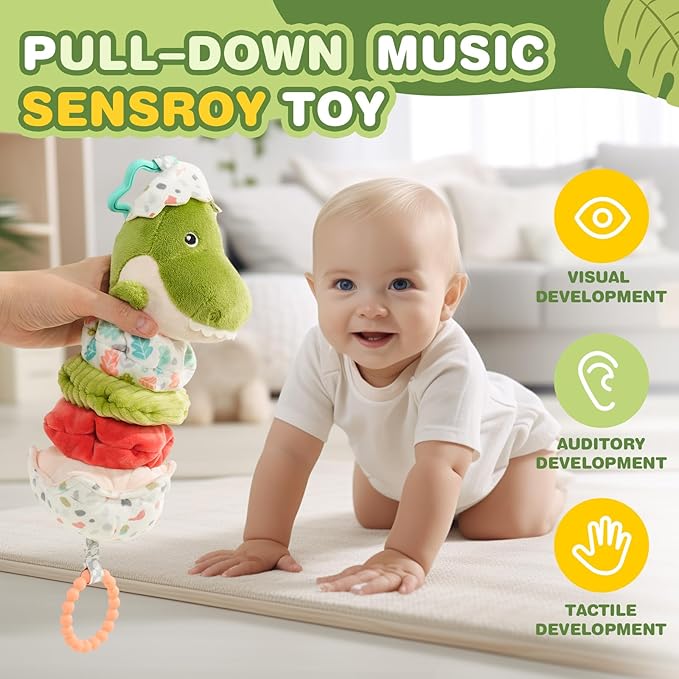 Jollybaby Baby Musical Pull String Hanging Toy for Stroller Car Seat Crib Play Gym, Plush Stuffed Dinasour Toy for Carseat with Music Teether Crinkle Paper, Sensory Toy for 0-6-12-18 Months Baby Gift