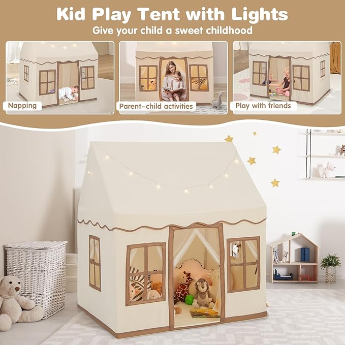 INFANS Kids Play Tent with Washable Mat Star Light Windows, Anti-Trip Large Playhouse Toys for Children Boys Girls, Indoor Outdoor Princess Tents Castle for Toddlers (Beige)