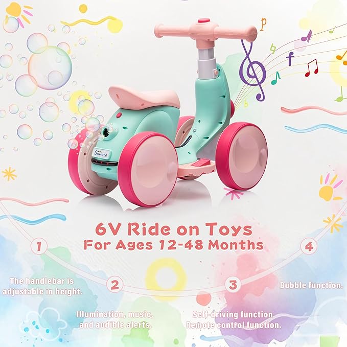 6V Electric Baby Balance Bike for 1 Year Old Boys Girls Ride on Toys 12-48 Months Toddler Balance Bike, 4 Wheels Kids First Bike with Remote Control First Birthday Gifts- Green&Red