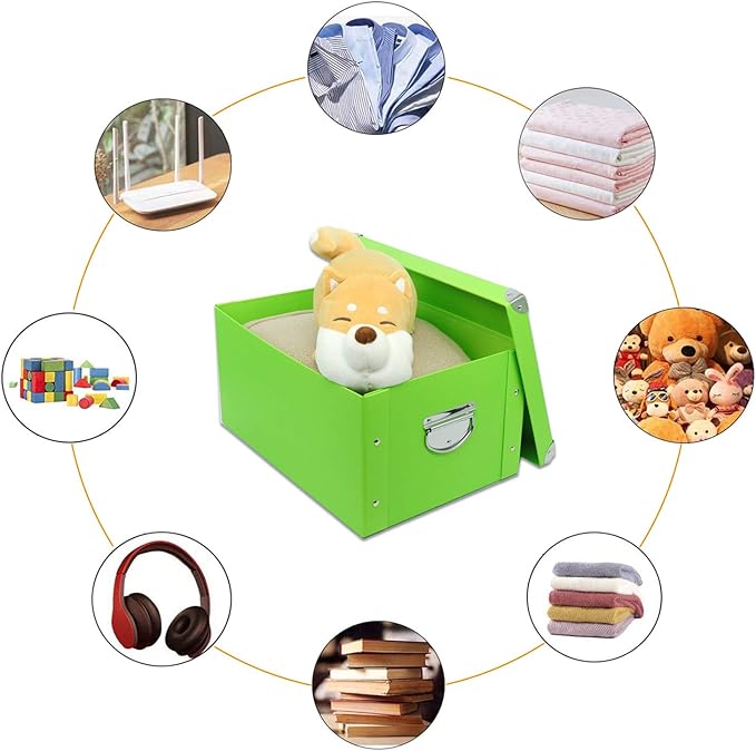 GUOZI Collapsible Storage Box, Decorative Memory Box with Lid & Metal Reinforced Corners, Cardboard File Bin with Handles, Organizer Gift Box for Keepsake Toy Photos Office Nursery Wardrobe Bookshelf