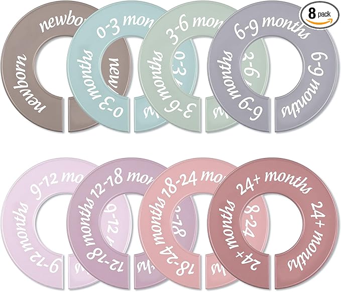 8 Pcs Baby Closet Dividers Unisex Baby Clothes Organizers Clear Labels for Nursery Closet Organizer & Decor Nursery Fits Most Rods (Retro,Bright Color)