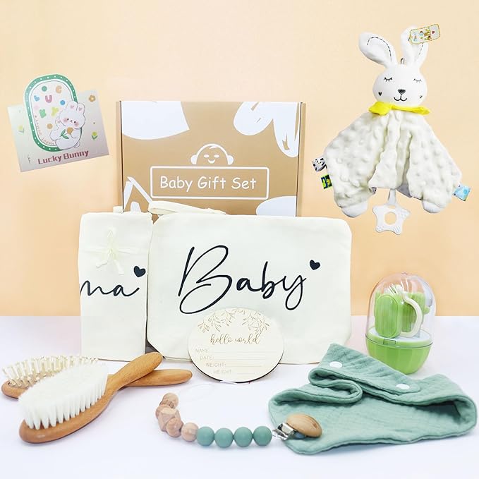 Baby Gifts Gender Neutral 10 Packs Baby Essentials Baby Shower Gifts Newborn Essentials Must Haves - Baby Brush and Comb Set Soft Security Blanket Baby Nail Clippers Greeting Cards Practical and Cute