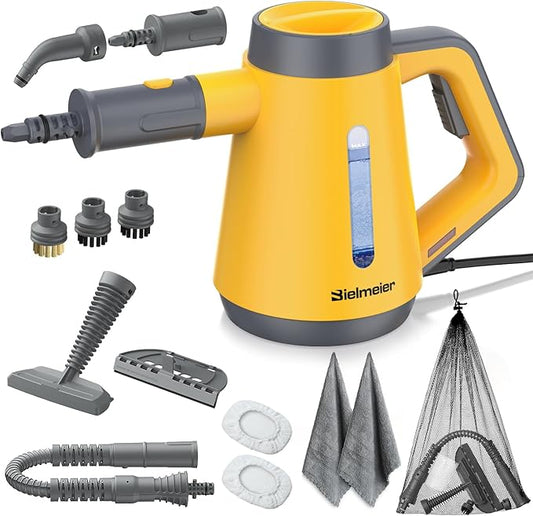 Handheld Pressurized Steam Cleaner - 15s Quick Start, Multi-Functional for Home, Kitchen, Bathroom, 8 Attachments, Chemical-Free, Safe & Efficient Cleaning Solution, Yellow & Grey