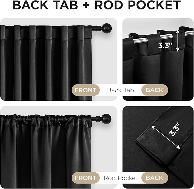 Joydeco 90 Inch Blackout Curtains for Bedroom, Thermal Insulated Black Out Curtains 2 Panels Set, Room Darkening Drapes for Living Room Window Rod Pocket Back Tab (W52 x L90 Inch, Black)