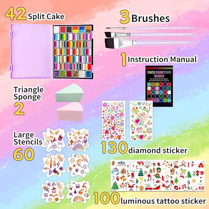 Face Body Paint Kit for Kids & Adults - 36 Vibrant Rainbow Colors,6 Glitter Gels,with Stencils,Brushes,Tattoos.Ideal for Halloween,Christmas, Birthday Parties,Cosplay (Rainbow Sparkle Set)