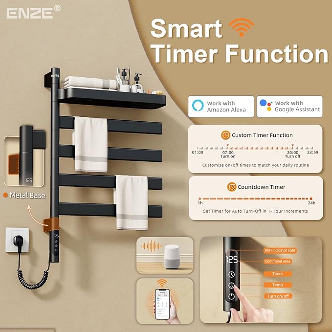 ENZE Smart Rotating Heated Towel Rack for Bathroom, Wall-Mounted Electric Towel Dryer with Swivel Bars & Shelf, Smart Timer, Low Carbon Steel, Plug-in/Hardwired, Towel Warmer with Wi-Fi App Control