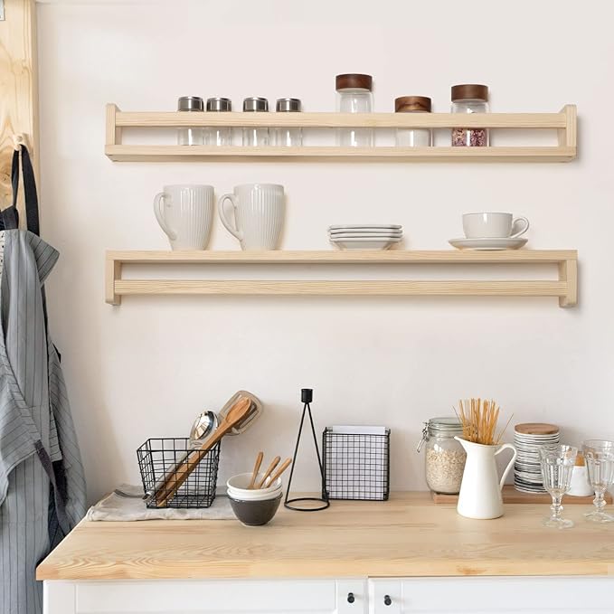 Fun Memories Nursery Book Shelves - Rustic Natural Solid Wood Floating Bookshelf for Kids - Wall Book Shelves for Kids Room (Natural, 32inch - 2P)