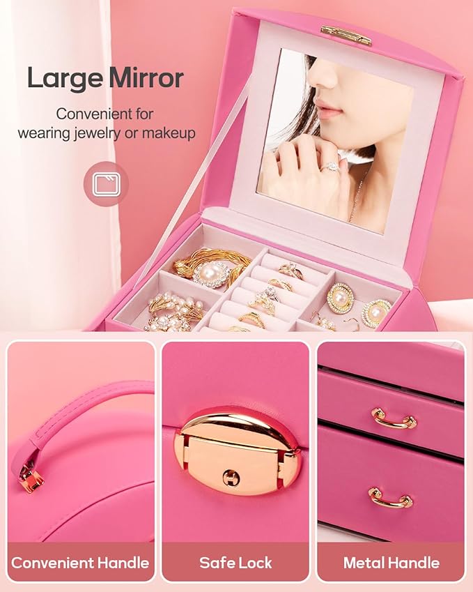 Homde Girls Jewelry Box Jewelry Storage Case Organizer with Mirror for Rings, Earrings, Bracelets, Necklaces (Pink + Gold)