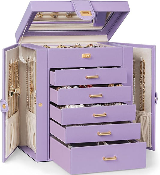 AKOZLIN 6-Tier Jewelry Box Organizer Functional 5 Drawers Leather Jewelry Storage Case for Women Girls Ring Necklace Earring Bracelet Holder Organizer with Mirror Violet