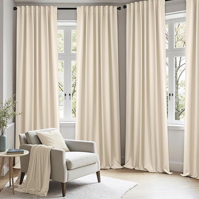 ANRODUO Back Tab Blackout Curtains for Bedroom Living Room, Rod Pocket Pinch Pleated Thermal Insulated Room Darkening Curtains 84 Inches Long 2 Panels, Cream Beige, 52 x 84 Inch