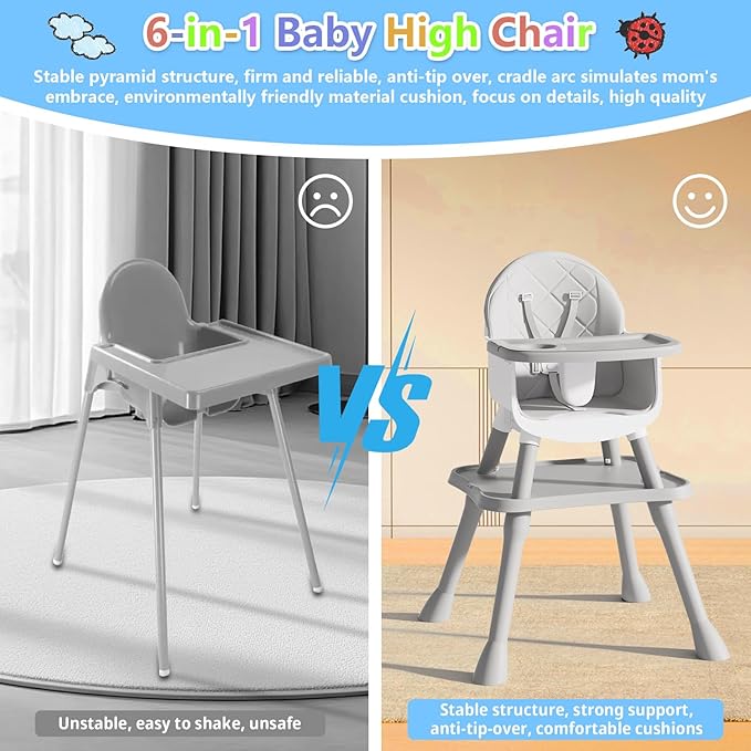 6 in 1 Baby High Chair for Babies and Toddlers, Booster Seat, Kids Learning Table & Chair (Grey)