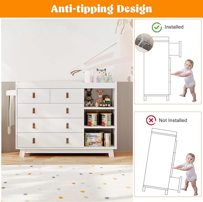 Baby Dresser with Changing Table Top, Baby Changing Table Dresser with 5 Drawers and Adjustable Shelves, Multi-Functional Diaper Changing Station, Nursery Organizer for Kids Bedroom, White