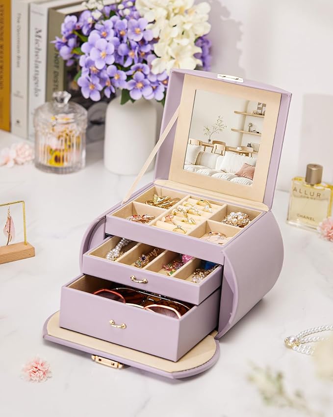 Homde Girls Jewelry Box Jewelry Storage Case Organizer Faux Leather with Mirror for Rings, Earrings, Bracelets, Necklaces (Grey Purple)