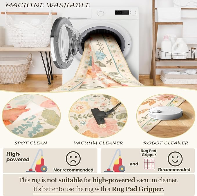 Floral 2x3 Area Rug Machine Washable Soft Print Boho Carpet Non Slip Doormat Low Pile Flower Area Rugs for Living Room Bedroom Nursery Kitchen Dining Room Indoor-Beige/White/Orange