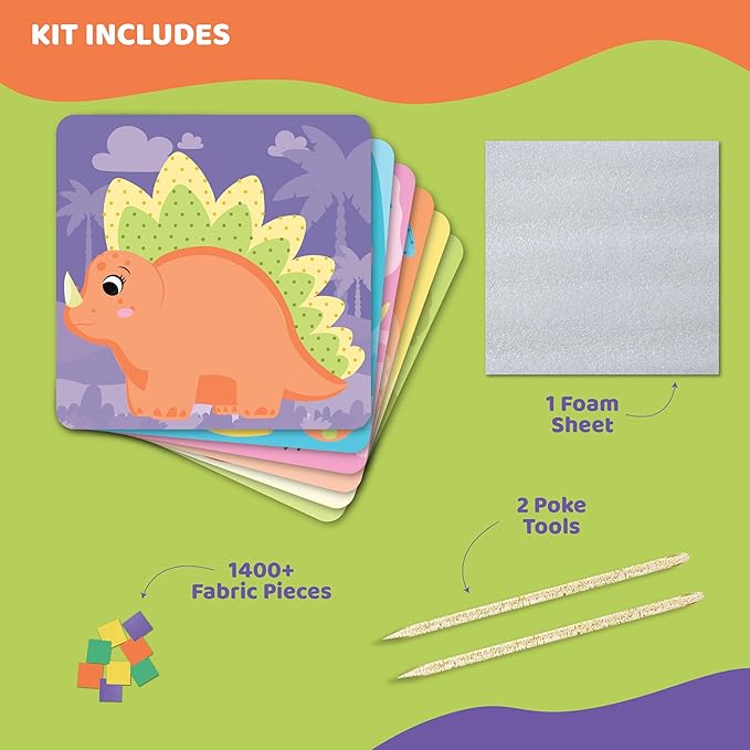 jackinthebox Poke Poke Art – Dinosaurs Theme, Mess-Free Fabric Art and Craft, Flower Pressing Kits, Gift for Kids, Toys for Girls and Boys Ages 4 5 6 7 8