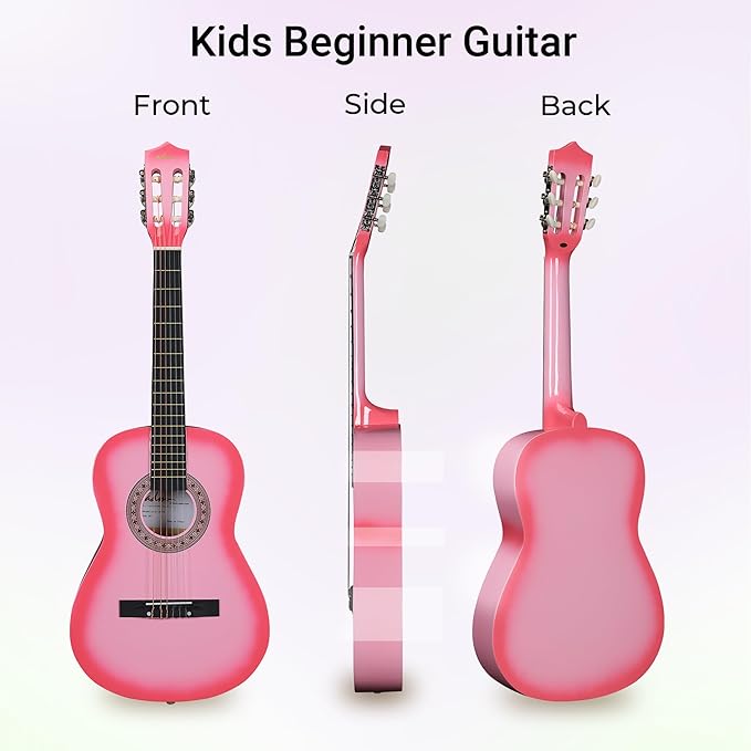 ADM Beginner Acoustic Classical Guitar 36 Inch Nylon Strings Wooden Guitar Bundle Kit for Kid Boy Girl Student Youth Guitarra Online Lessons with Gig Bag, Strap, Tuner, Strings, Picks, Pink