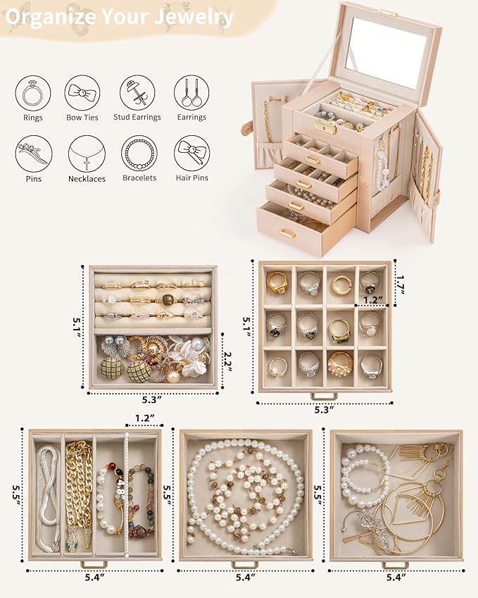 AKOZLIN 5-Tier Jewelry Box Leather Jewelry Storage Organizer with 4 Drawers Lockable for Women Girls Ring Necklace Earring Bracelet Watches Holder with Mirror Champagne
