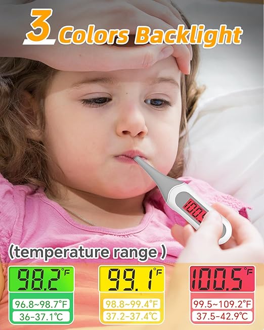 8 Seconds Digital Oral Thermometer for Adults and Kids, Accurate & Safe Baby Thermometer with Fever Alarm, 3 Backlits Display, Flexible Tip, Medical Basal Thermometer for Rectal, Underarm