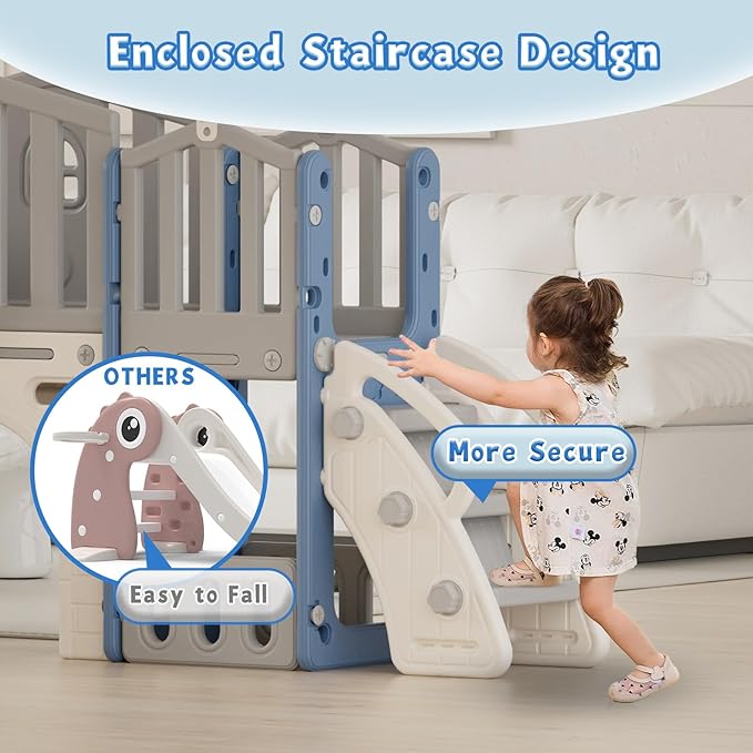 8 in 1 Toddler Slide Set, Kids Slide for Toddlers Age 1-3, Toddler Climber Slide PlaySet with Basketball Hoop and Ball, Outdoor Indoor Kids Playground for Toddlers 1-3, Blue Grey