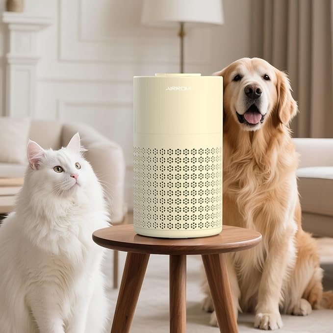 AIRROMI Air Purifier for Bedroom with HEPA Fet Filters, Pet Air Purifiers for Home Cat Pee Smell, Covers Up to 990Ft², Quiet 360° intake Air Cleaner for Allergies Dust Smoke Odor A2001 Yellow