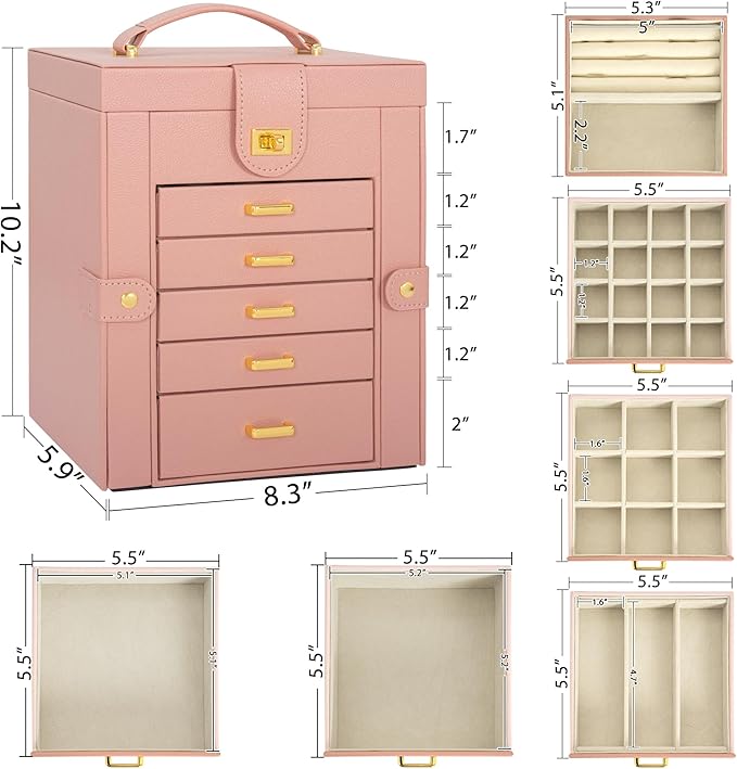 AKOZLIN Jewelry Box Organizer Functional Leather Jewelry Storage Case for Women Girls Ring Necklace Earring Bracelet Holder Organizer with Mirror Pink
