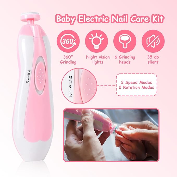 28 in 1 Baby Healthcare and Grooming Kit, Infant Baby Nursery Kit Electric Nail Trimmer Set with Gas Colic Passer Nasal Aspirator Nail Clipper Hair Brush Comb for Newborn Girls Boys (Pink)