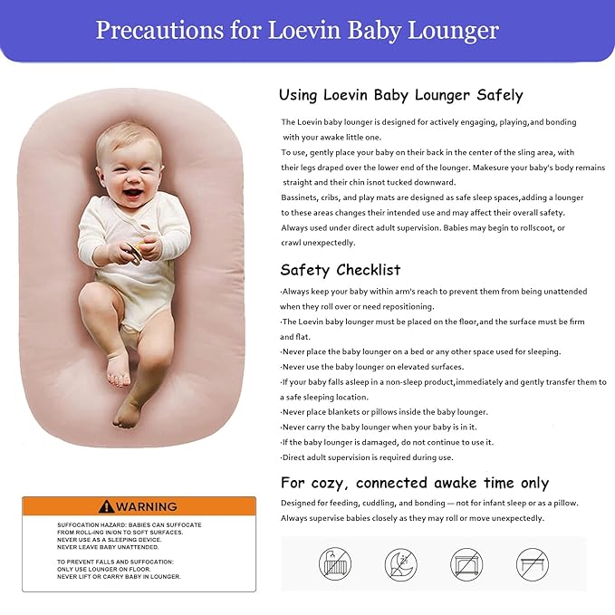 Baby Lounger Play Mat,Baby Lounger for Newborn Tummy Time for Baby in Bed,0° Angle Newborn Lounger Baby Nest for Boys & Girls 0-12 Months(Pink)