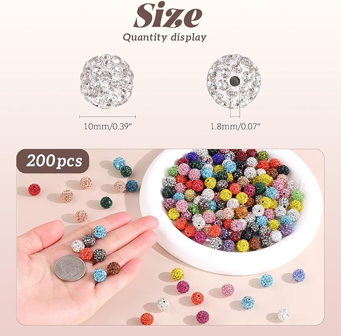 200pcs 10mm Rhinestone Beads for Jewelry Making, Light Blue Shiny Round Disco Ball Beads Bulk, Sparkle Crystal Clay Christmas for Bracelet Baseball Necklace Earring Crafting and DIY