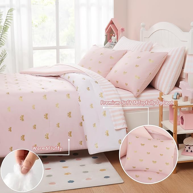 Full Size Comforter Sets with Sheets for Girls-7 Pieces Full Size Bedding Sets with Pink Comforter, Sheets, Pillowcases & Shams for Kids (Pink Gold Bow, 76" X 86")