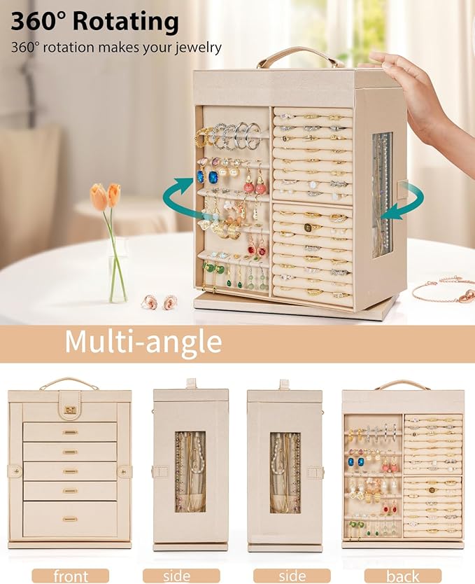 AKOZLIN Jewelry Box 360° Rotating 6-Tier Functional Jewelry Storage Case Organizer for Women Girls Ring Necklace Earring Bracelet Holder with Mirror