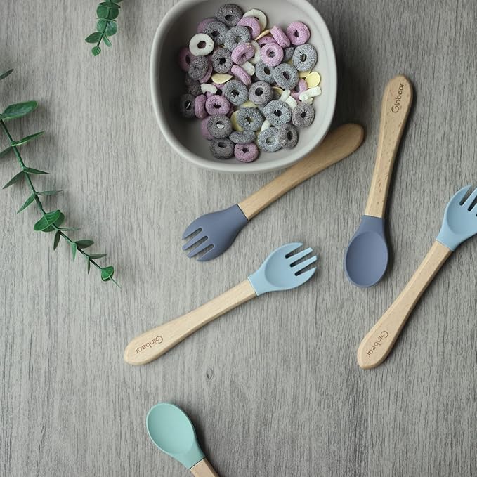 Ginbear Silicone Baby Spoons and Forks Self-feeding 12-18 Months, Soft-Tip Baby Flatware Sets for Girl, Toddler Feeding Utensils for Child, 4 Piece Set (Mauve/Pink)