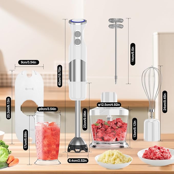 Immersion Blender Handheld Hand Blender - 1100W Non Scratch Stick Blender for Kitchen 12 Speed and Turbo Mode Chopper, Beaker, Whisk and Milk Frother for Milkshake Puree Smoothie Food