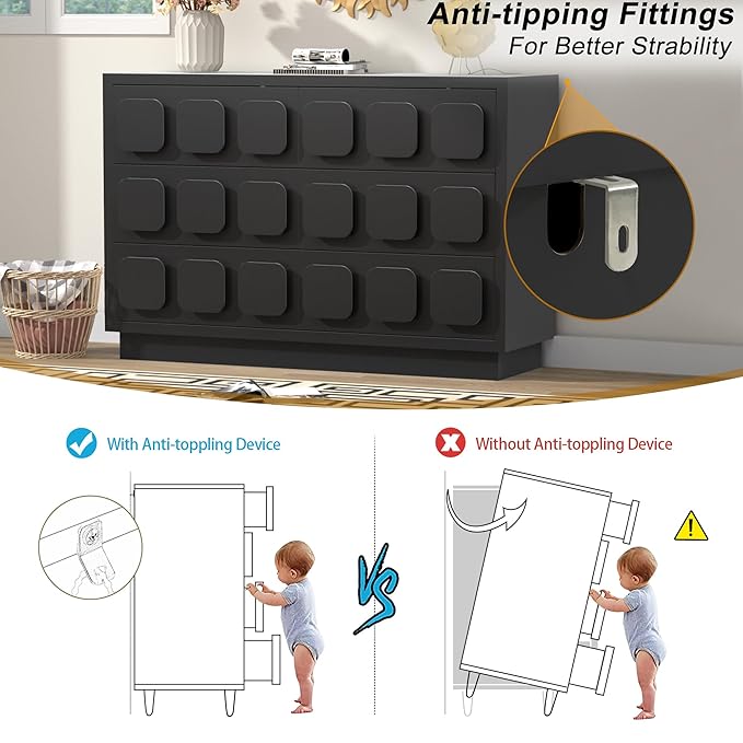 Anbuy Black Baby Dresser for Bedroom, Dresser for Baby with 6 Drawers, Storage and Organization Unit with Square Handles, for Nursery, Kids