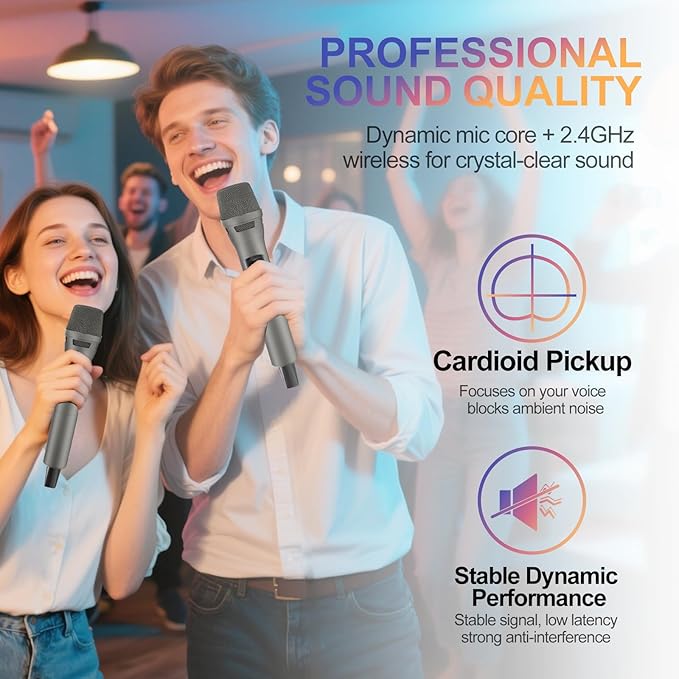 Aveek 2.4GHz Wireless Microphone System, Rechargeable Mics and Receiver, Plug & Play for Karaoke Machine, Party Speakers, Home Entertainment, Wedding & Events - Crystal Clear Sound, 100ft Range