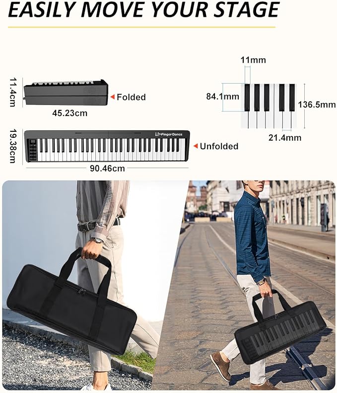 Finger Dance 61 Key Folding Piano Keyboard, Upgrand Imitation Wood Texture Keyboard Portable Piano, Bluetooth & MIDI, Foldable Keyboard Piano for Beginner - Deep Black