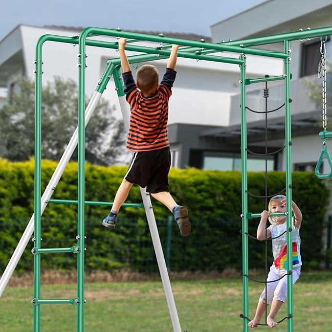 Hapfan Swing Sets for Backyard with Monkey Bars, Belt Swing, Platform Swing, Climbing Net, Trapeze Bar, Outdoor Playset for Kids
