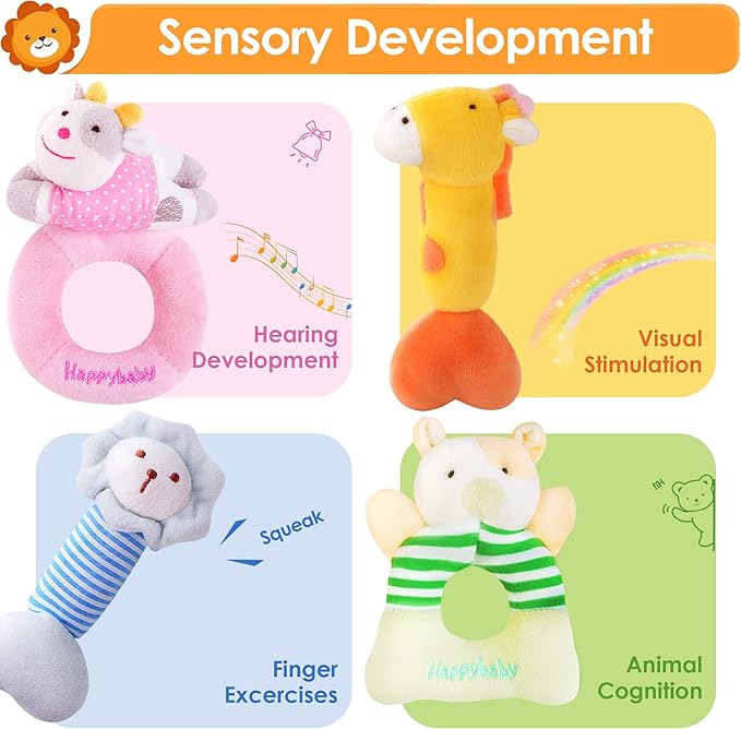 iPlay, iLearn Baby Toys 3 6 12 Month Newborn Gift, Infant Soft Jungle Stuffed Animal Rattle Plush Barn, First Birthday Basket Shower Stuffer, Boy Girl Sensory Hand Development Toy 2 4 7 9M 1 Yr-Jungle