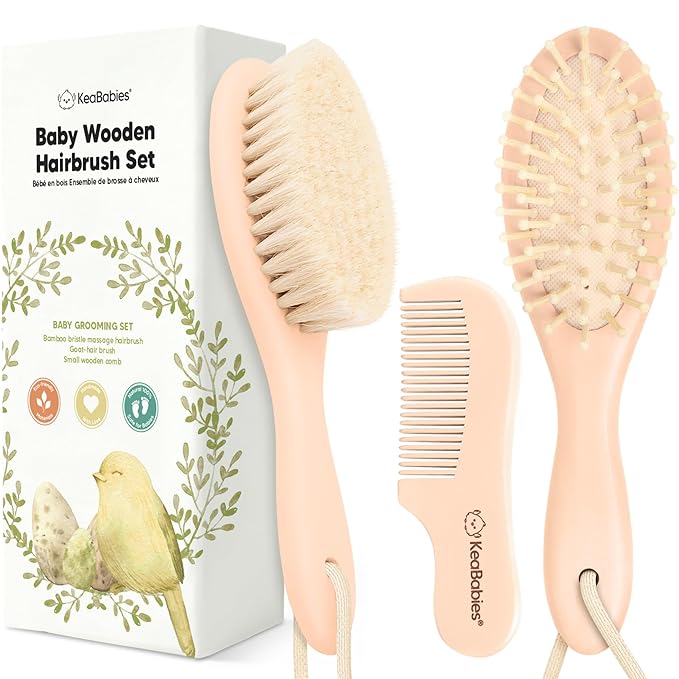 Baby Hair Brush and Comb Set for Newborn - Wooden Baby Hair Brush Set with Soft Goat Bristle, Baby Brush Set for Newborns, Baby Brush and Comb Set Girl, Boy, Toddler Cradle Cap Brush (Oval, Peach)