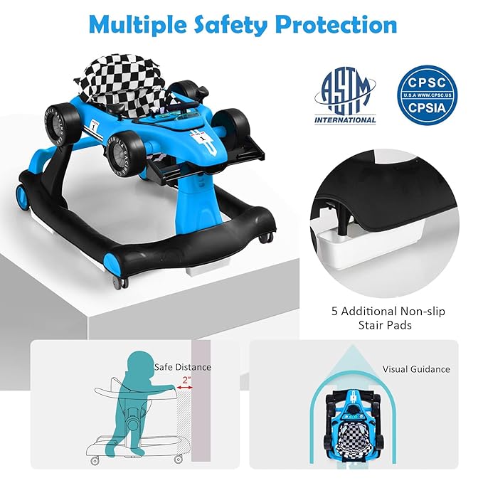 HONEY JOY 4-in-1 Baby Walker, Activity Push Walker w/3 Adjustable Heights, Smooth Wheels w/Adjustable Speed, Padded Seat, Music & Light, Foldable Car Walker for Baby Boys Girls Age 6 Months+ (Blue)