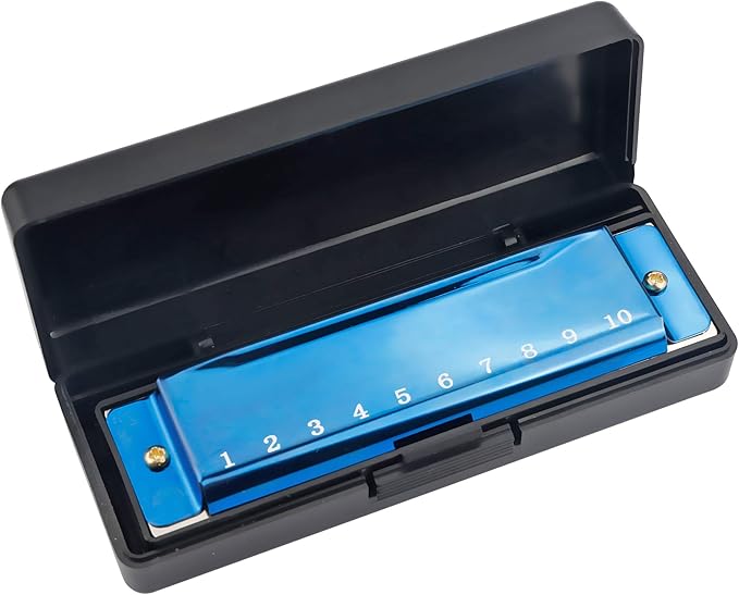 4PCS Key of C 10 Hole 10 Tones Titanium Color Harmonica with Case for Beginner Students Kids（Gold, Purple, Green, Blue）