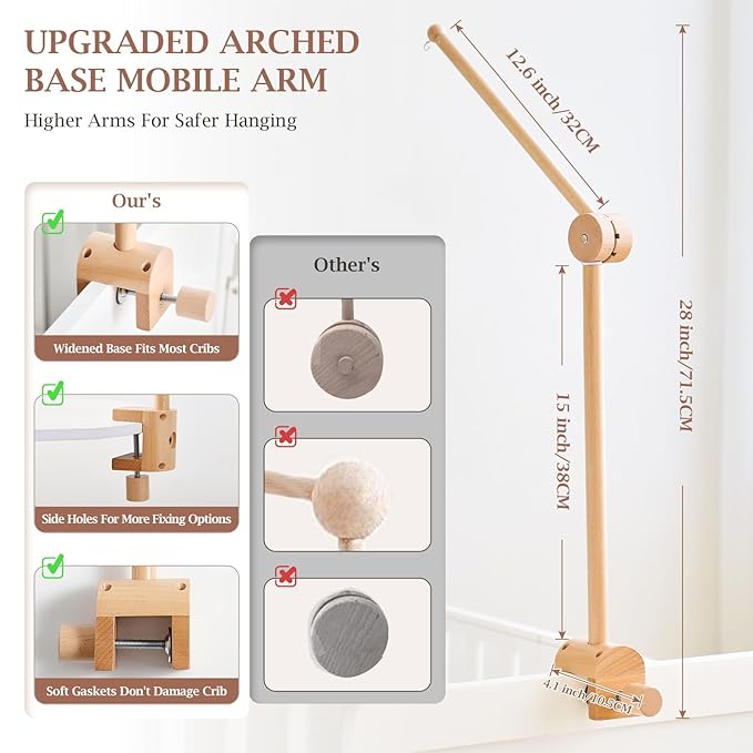 Baby Crib Mobile Arm - Wooden Mobile Arm with Height Adjustable＆360° Rotatable Upgraded Arched Base Nursery Mobile Holder for Crib Mobile Hanger Baby Crib Attachment Nursery Decor