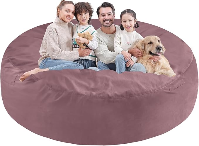 7FT Bean Bag Chair, Large Bean Bag Chairs with Memory Foam Filled, Fluffy Beanbag Sofa with Dutch Velvet Cover, Round BeanBag Chairs for Living Room, Playroom - Dusty Pink