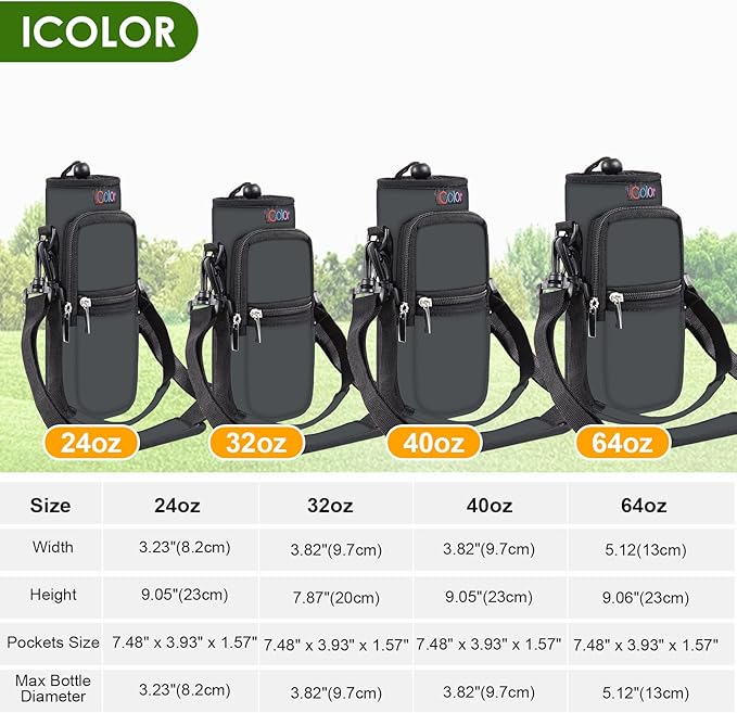 icolor Water Bottle Carrier Bag with Strap 25/32/40 oz Crossbody Bottle Holder with Phone Pocket Sling Sleeve Insulated Neoprene Water Bottle Pouch for Walking Travelling
