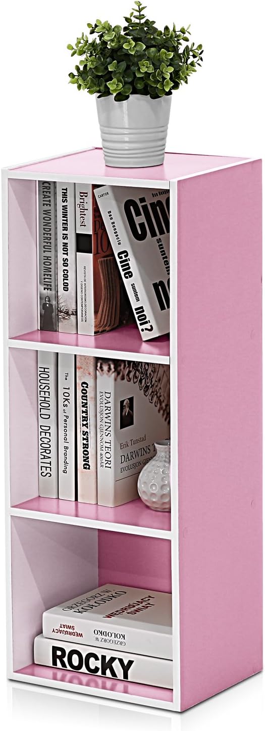 Furinno 3-Tier Open Shelf Bookcase, White/Pink 11003WH/PI