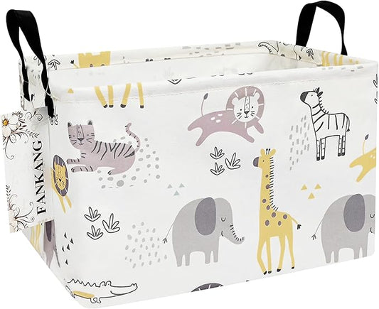 FANKANG Storage Bins, Nursery Hamper Canvas Laundry Basket Foldable with Waterproof PE Coating Large Storage Baskets for Kids Boys and Girls, Office, Bedroom, Clothes,Toys(Rec-Lovely Animals ）